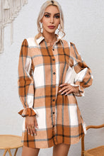 Load image into Gallery viewer, Khaki Plaid Pattern Collared Neck Ruffled Sleeve Shirt Dress
