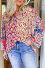 Load image into Gallery viewer, Orange Mixed Floral Printed Long Sleeve Tied V Neck Blouse
