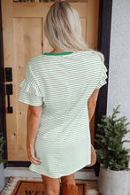 Load image into Gallery viewer, Green Stripe Ruffled Short Sleeve Crew Neck T Shirt Shift Mini Dress
