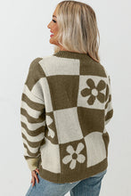Load image into Gallery viewer, Green Checkered Floral Print Striped Sleeve Sweater
