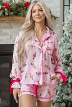 Load image into Gallery viewer, Pink Nutcracker Print Contrast Trim Tied up Bow Silky 2pcs Pajama Set
