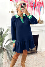 Load image into Gallery viewer, Navy Blue Contrast Striped Cuffs Polo Collar Patchwork Long Sleeve Ruffle Hem Mini Dress
