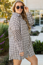 Load image into Gallery viewer, White Stripe Plus Size Plaid Buttoned Raw Hem Tunic Shirt Dress
