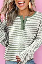 Load image into Gallery viewer, Green Stripe Textured Frilly Trim Buttons Henley Long Sleeve Top
