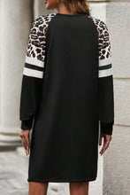 Load image into Gallery viewer, Black Leopard Print Patchwork Varsity Raglan Sleeve Sweatshirt Dress
