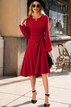 Load image into Gallery viewer, Fiery Red Solid Color Ruched Detail Long Sleeve Midi Dress
