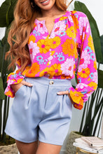 Load image into Gallery viewer, Rose Floral Print Flounce Sleeve Notched Neck Blouse
