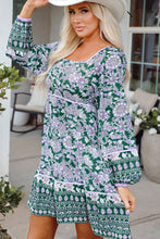 Load image into Gallery viewer, Green Floral Print Piping Trim Bubble Sleeve Square Neck Dress
