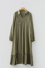 Load image into Gallery viewer, Four Leaf Clover Collared V Neck Smocked Detail Contrast Leopard Trim Bracelet Sleeve Long Dress
