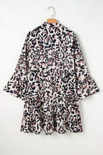 Load image into Gallery viewer, Black Leopard Print Buttoned Front 3/4 Sleeve Tiered Ruffled Hem Dress
