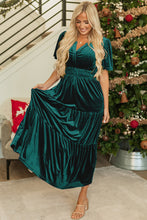 Load image into Gallery viewer, Evergreen Velvet Short Sleeve Shirred Waist Tiered Maxi Dress
