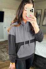 Load image into Gallery viewer, Gray Textured Color Block Kangaroo Pocket Drop Shoulder Hoodie
