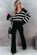 Load image into Gallery viewer, Black Caped V Neck Slit Sleeve Striped/Solid Sweater
