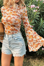 Load image into Gallery viewer, Orange Floral Printed Bell Sleeve Mock Neck Scallop Trim Blouse

