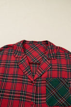Load image into Gallery viewer, Red Plus Size Plaid Contrast Patchwork Long Sleeve Shirt and Shorts 2pcs Pajama Set
