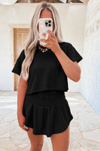 Load image into Gallery viewer, Black 2pcs Cropped Tee and Ruffle High Waist Skort Set
