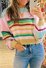 Load image into Gallery viewer, Multicolour Striped Knit Ribbed Trim Boxy Fit Cropped Sweater
