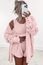 Load image into Gallery viewer, Light Pink 3 Pcs Crop Tank Top Shorts with Cardigan Lounge Set
