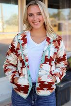 Load image into Gallery viewer, Fiery Red Western Aztec Buttoned Zipper Pockets Fleece Jacket

