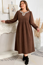 Load image into Gallery viewer, Coffee Embroidered Notched Neckline Textured Pleated High Waist Plus Size Midi Dress

