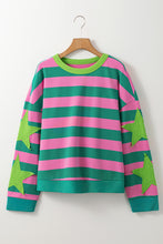 Load image into Gallery viewer, Pink Stripe Star Patchwork Round Neck Pullover Sweatshirt
