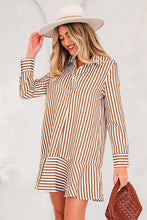 Load image into Gallery viewer, Brown Stripe Ruffled Hem Collared Long Sleeve Shirt Mini Dress
