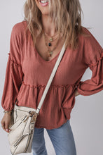 Load image into Gallery viewer, Mineral Red Solid Color Textured Frilled Trim V Neck Puff Sleeve Blouse
