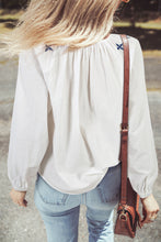 Load image into Gallery viewer, White Geometric Embroidered Long Sleeve Buttoned Blouse

