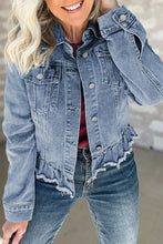 Load image into Gallery viewer, Beau Blue Ruffle Raw Hem Flap Pockets Denim Jacket
