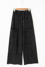 Load image into Gallery viewer, Black Mineral Wash Exposed Seam Drawstring Elastic Waistband Wide Leg Cargo Pants
