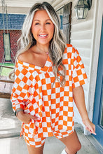 Load image into Gallery viewer, Orange Checkerboard Print V Neck Loose Tee and Shorts Lounge Set
