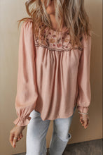 Load image into Gallery viewer, Gossamer Pink Floral Embroidered Textured Flounce Sleeve Elegant Blouse
