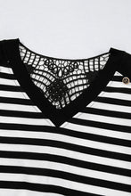 Load image into Gallery viewer, Black Stripe Crochet Hollow-out Back Buttoned Shoulder V Neck Top
