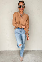 Load image into Gallery viewer, Straw Yellow Solid Color Shirred Cuff Notch V Neck Blouse
