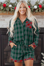 Load image into Gallery viewer, Green Plaid Contrast Patched Christmas Holiday Long Sleeve Shirt and Short 2pcs Pajama Set
