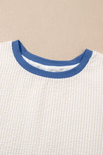 Load image into Gallery viewer, Beige Stripe Seersucker Contrast Round Neck Puff Sleeve T Shirt Dress
