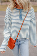 Load image into Gallery viewer, Sky Blue Stripe Textured Frilly Trim Buttons Henley Long Sleeve Top
