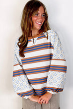 Load image into Gallery viewer, White Striped Floral Printed Patchwork Lantern Sleeve Blouse
