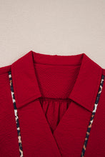 Load image into Gallery viewer, Fiery Red Collar V Neck Leopard Contrasted Trim Textured Blouse
