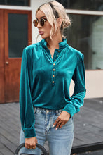 Load image into Gallery viewer, Green Frilled Neck Buttoned Front Velvet Top
