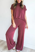 Load image into Gallery viewer, Burgundy Twisted Ribbed High Neck Loose Tee Elastic High Waist Loose Pant Set
