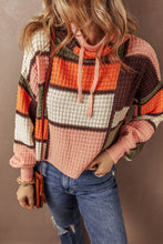 Load image into Gallery viewer, Orange Color Block Waffle Knit Drawstring Mock Neck Sweater
