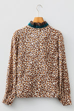 Load image into Gallery viewer, Brown Leopard Print Contrast Frilled Trim Button Down V Neck Shirt
