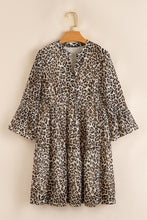 Load image into Gallery viewer, Khaki Leopard 3/4 Sleeve V Neck Swing Dress
