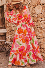 Load image into Gallery viewer, Beige Floral Print Smocked Detail V Neck Puff Sleeve Flowy Maxi Dress
