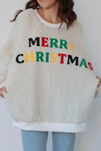 Load image into Gallery viewer, White MERRY CHRISTMAS Multicolor Embroidered Sherpa Pullover Sweatshirt
