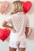Load image into Gallery viewer, Pink Bowknot Printed Short Sleeve and Ruffled Shorts Pajama Set

