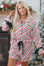 Load image into Gallery viewer, Green Stripe Contrast Velvet Ribbon Knot Christmas 2pcs Pajama Set
