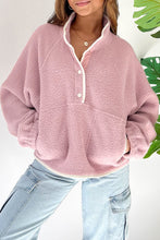 Load image into Gallery viewer, Fushia Stand Neck Half Button Zip Pocket Plush Sweatshirt

