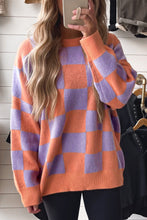 Load image into Gallery viewer, Grapefruit Orange Checkered Pattern Ribbed Trim Knit Baggy Sweater
